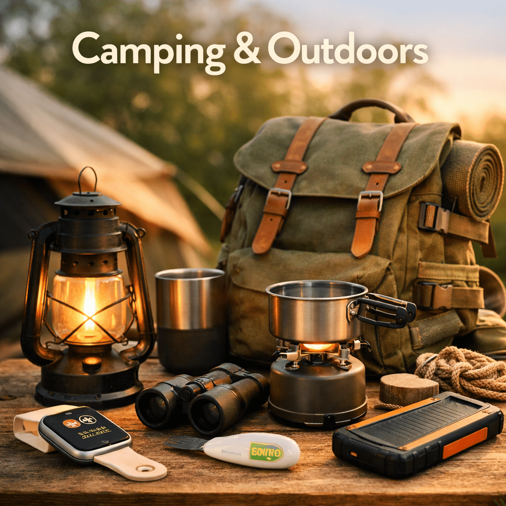 camping lantern, backpack and outdoor gear styled in a warm golden-hour camping scene – Lamp & Genie