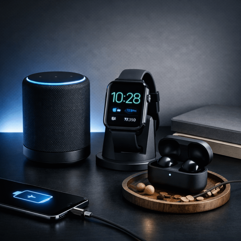 modern gadgets including speaker, smartwatch, earbuds and smartphone styled in a sleek cool‑tone tech scene – Lamp & Genie