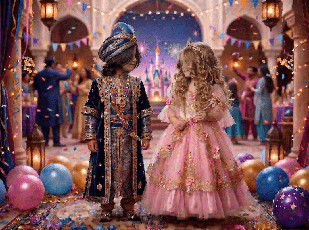Child in a transformed dress‑up look standing in warm, magical lighting after a playful kids makeover – Genie Kids by Lamp & Genie