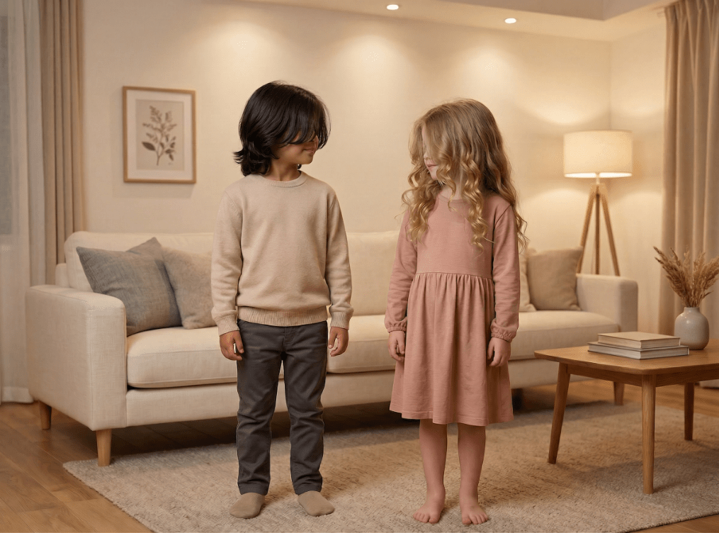 child in simple everyday outfit standing in soft, warm lighting before a playful dress‑up transformation – Genie Kids by Lamp & Genie