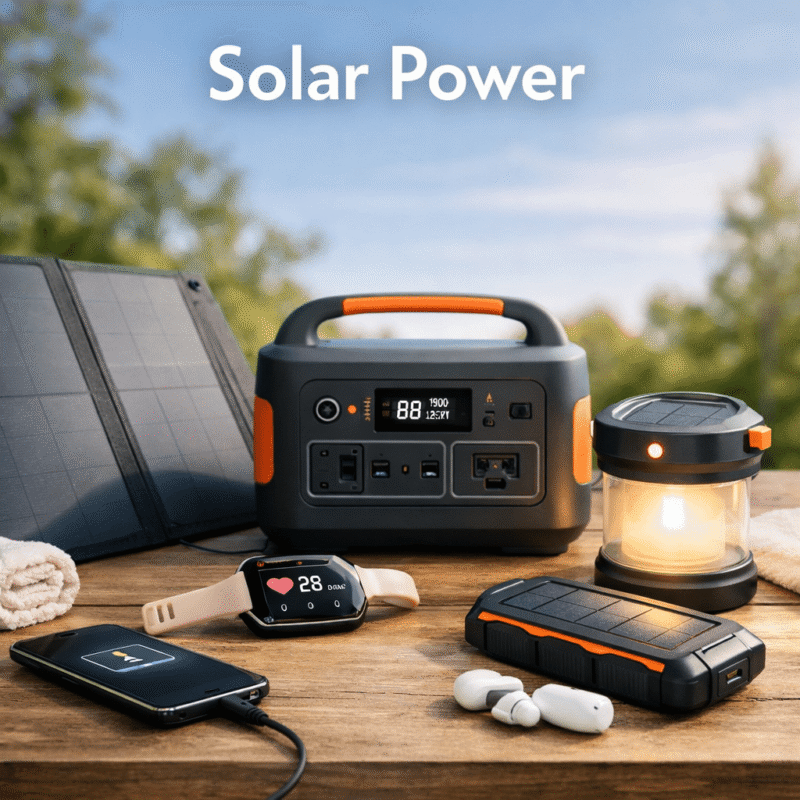 portable solar panels, power station and solar lantern styled in a bright outdoor solar‑energy scene – Lamp & Genie
