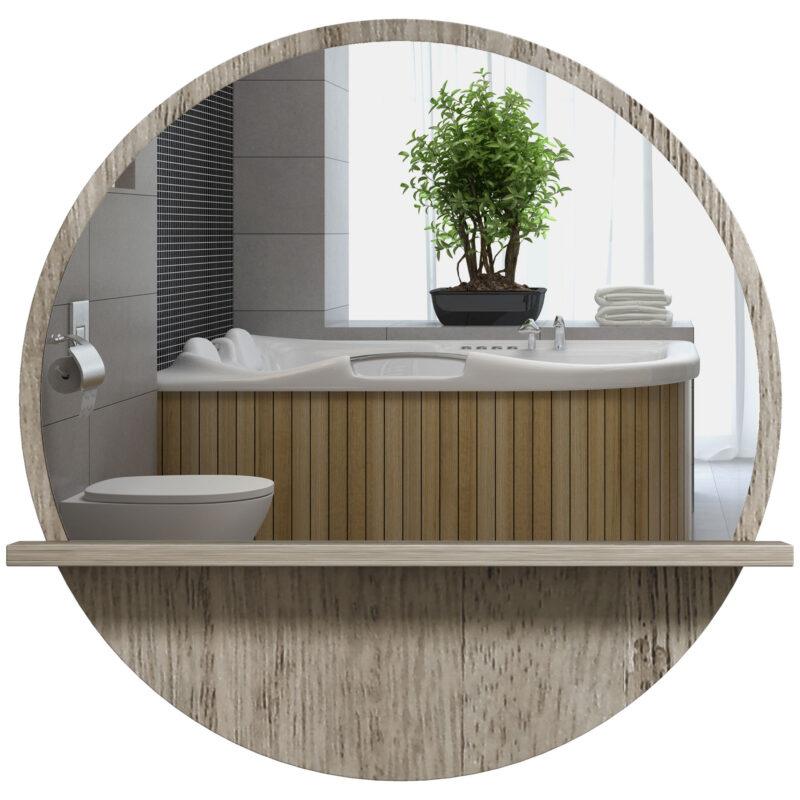 45cm Grey Wood‑Effect Round Mirror with Shelf