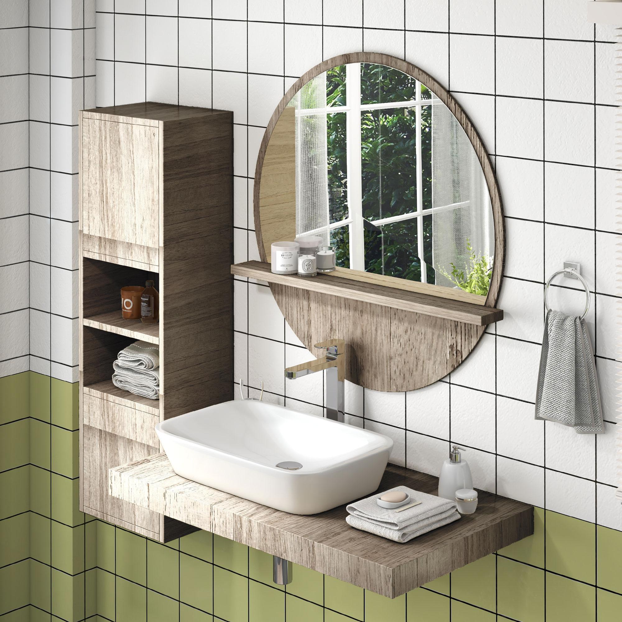 45cm Grey Wood‑Effect Round Mirror with Shelf - Image 3