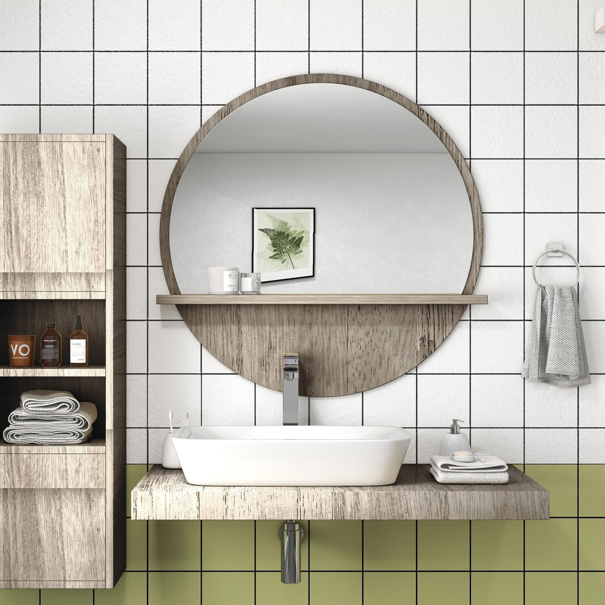 45cm Grey Wood‑Effect Round Mirror with Shelf - Image 2